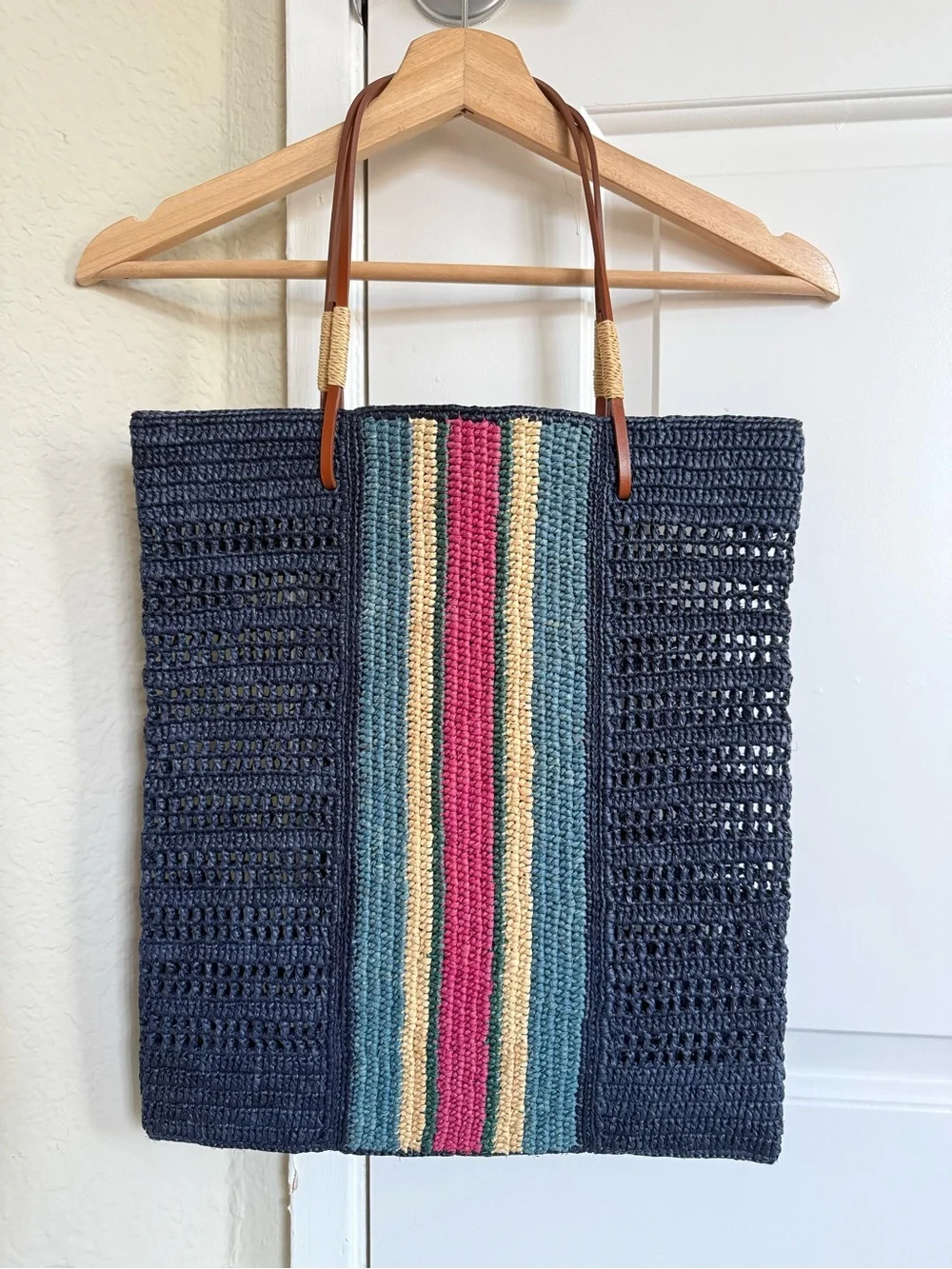 Sezane Francisco Basket Bag - Raffia - Navy with Stripes - Leather Handles
